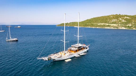 The elegant Gulet Caustic anchored in Bodrum, ready for your next yacht charter.