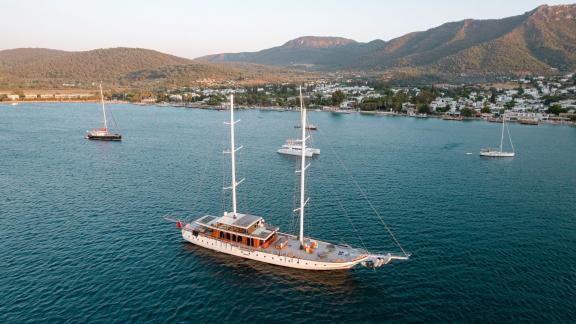 The Gulet Caustic at sunset in Bodrum, a perfect end to a charter day.