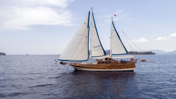 Sailing gulet Ceylan on calm sea near Fethiye, Turkey. Perfect choice for a relaxing yacht charter