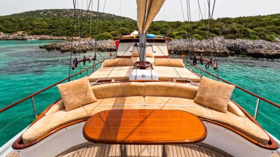 Enjoy the comfortable relaxation area of the Gulet Cosh off the coast of Bodrum.