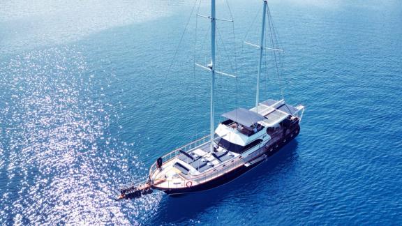 Aerial view of the Deryam gulet off the coast of Bodrum, inviting guests to explore blue cruise routes.