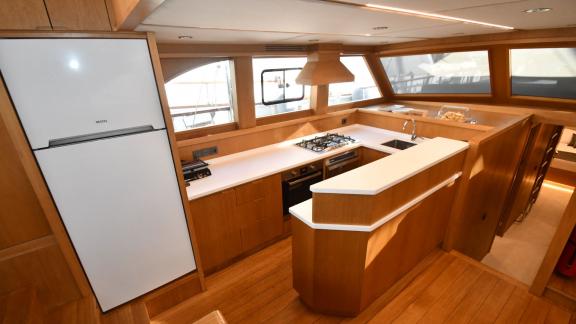 Galley of the Deryam gulet in the bays of Bodrum, providing comfort throughout the blue cruise experience.