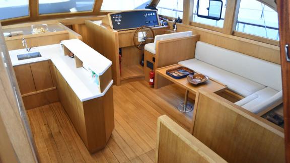 Saloon and wheelhouse of the Deryam gulet in the bays of Bodrum, offering comfortable onboard living spaces.