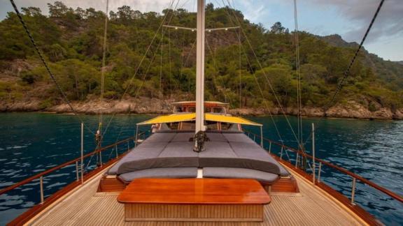 Enjoy the stunning view from the deck of the 26m Gulet Elegance with 6 cabins.