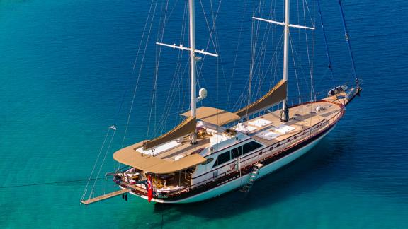In Göcek gulet charter option Getaway aerial view with aft deck seating area spacious deck and clear sea visible.
