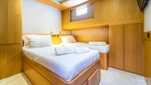 In Fethiye gulet charter option Happy Days cabin with double and single bed layout visible.