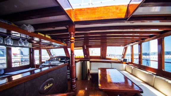 The sunlit interior of Gulet Hemera invites you to relax and enjoy your time at sea.