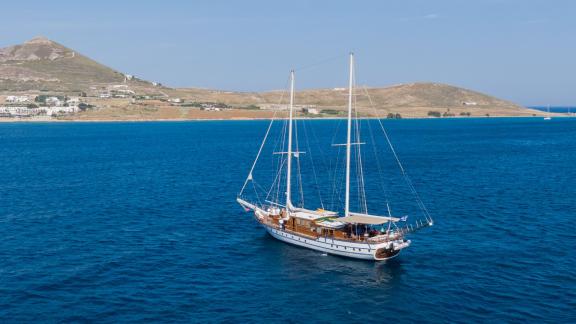 Stunning view of the Gulet Hera off the picturesque coast of Athens.