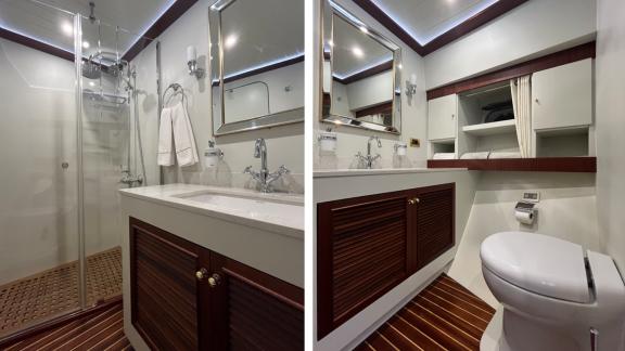 Bodrumda gulet kiralama seçeneği Kaftan banyo içinde duş kabini geniş lavabo alanı ve modern tasarım ile konforlu kullan