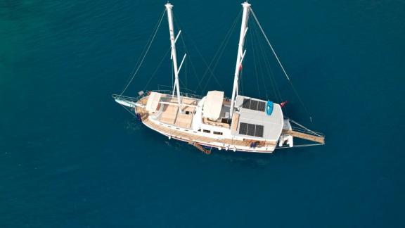 Enjoy the bird's eye view of the impressive Gulet Lavinia in clear blue waters.