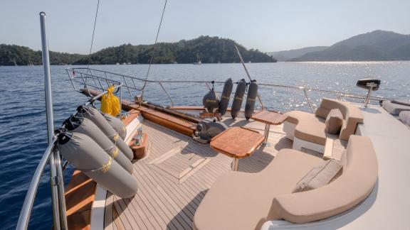 Relax on the sun deck of the 3-cabin Gulet Limonata in Göcek, Turkey.