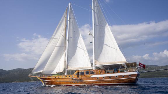 The Gulet Lorient, an elegant sailing ship with full white sails, sails off the coast of Bodrum under a blue sky.