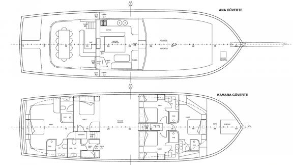 Der Plan der Mietgulet Mare Magico zeigt Hauptdeck, Kabinen, Salon und Bäder für Wochencharter in Marmaris.