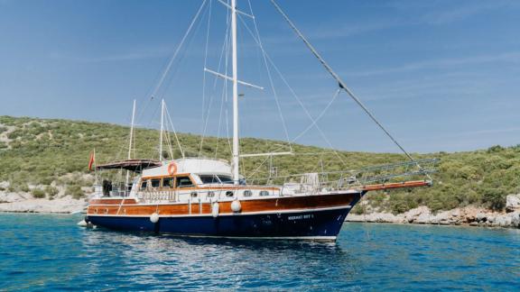 20-meter Gulet Mehmet Bey 1 on clear Aegean waters, perfect for luxurious charter experiences.