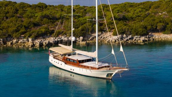 Mein Schatz gulet at a serene anchorage in Bodrum