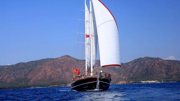 The Gulet Nirvana 2 sails under the Turkish flag with a scenic, mountainous coastline in the background.