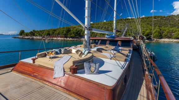 A beautiful deck of the gulet Nostra Vita in Croatia, perfect for relaxing sunbathing and cosy hours under sail.