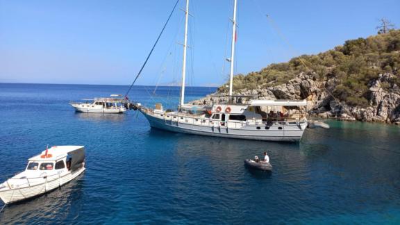 Pam gulet with 5 cabins for 10 guests is seen anchored in calm waters in a peaceful Bodrum bay.