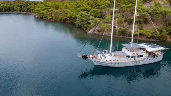 Pam gulet is anchored in a peaceful Bodrum bay surrounded by nature during a relaxing sailing holiday.