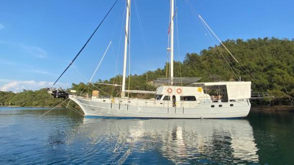 Pam gulet is anchored in calm Bodrum waters offering a relaxing blue cruise experience for up to 10 guests.