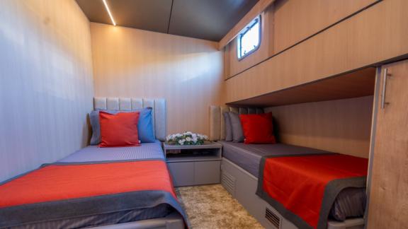 Princess Alize gulet features a modern twin cabin with two separate beds and comfortable accommodation onboard.