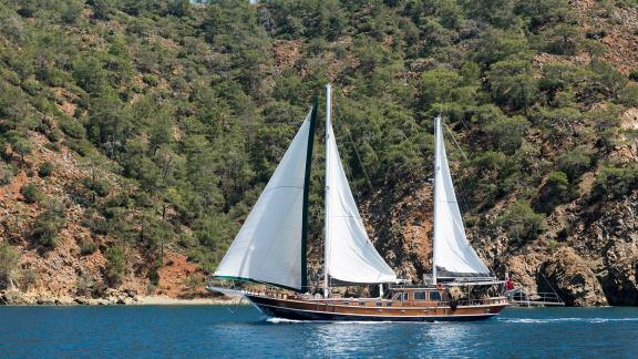 Die beeindruckende Segelyacht Serenad A vor einer grünen Küste im klaren Wasser.