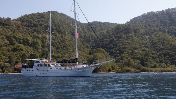 Luxuriöse Gulet Sumru Sultan vor der grünen Küste Fethiyes, perfekt für einen unvergesslichen Segelurlaub.