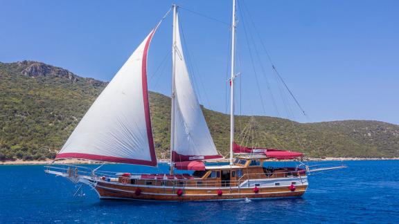 Prächtige Gulet mit weißen Segeln und rotem Dach, vor der grünen Küste Bodrums. Ideal für eine Luxusreise.