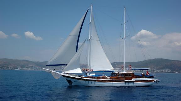 The magnificent Gulet Sunworld 8 sails majestically off the coast of Bodrum.