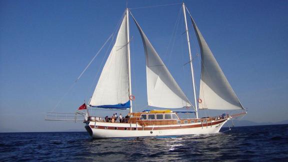 Die Gulet Tufan 5 segelt majestätisch auf dem offenen Meer vor Bodrum, unter vollen Segeln.