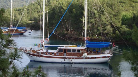 The Gulet Tufan 5 is anchored in a peaceful bay surrounded by lush forests and clear waters.