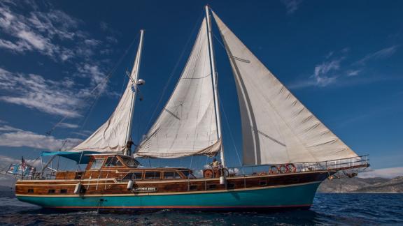 Gulet Valerie on the open sea with sails up and blue sky.