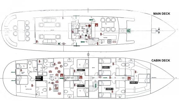 Floor plan of the gulet Vega with main deck and cabin deck, drawn and labelled in detail.