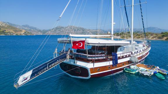 Viago Nella Speranza gulet anchored in Marmaris bays, offering spacious areas for family and group charters.