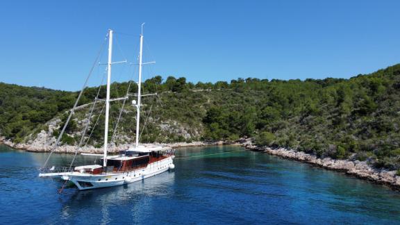 The elegant gulet Vivere with six cabins is moored off a lush, rocky coastline in clear, calm waters