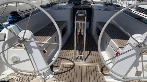 Helm station and seating area of the Deneb sailing yacht