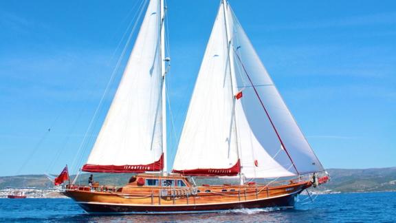 Die traditionelle türkische Gulet Il Fratello mit vollen weißen Segeln auf dem blauen Meer vor Bodrum.