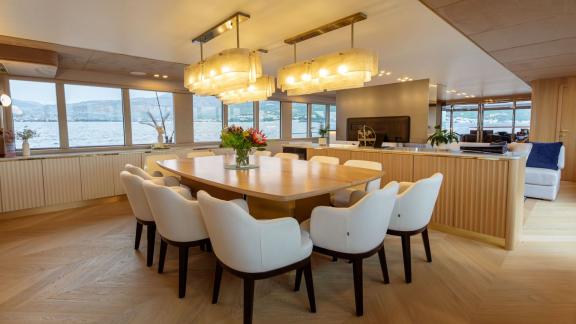 Among Split luxury yacht options the 6 cabin 12 guest Scorpios motorsailer features a bright saloon with large dining ta