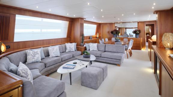 Stylish living room on the 30-meter Motor Yacht Martina, ideal for comfortable relaxation in Greece.