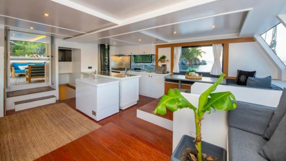 The modern kitchen and lounge of Gulet Nayk 2 offer comfort and style at sea.