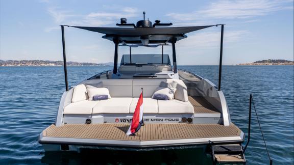 Among Saint Tropez private boat tour options, Je Men Fous is seen with a sunbathing area on the aft deck.