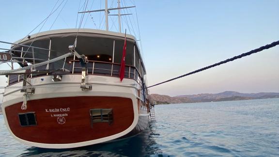 Detailed view of the elegant stern of Gulet K. Salih Ünlü, anchored in Marmaris.