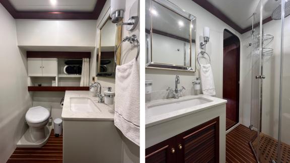 Bodrumda gulet kiralama seçeneği Kaftan banyo içinde duş kabini lavabo ve geniş ayna ile temiz ve kullanışlı alan sunuyo