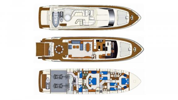 Detaillierter Grundriss der Motoryacht Katariina mit Decksaufteilung und Kabinen in Kroatien.