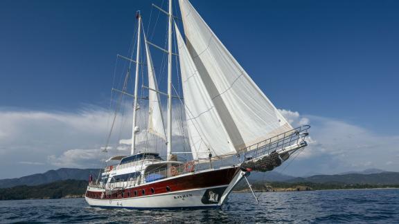 Traditional Turkish sailing boat with five cabins in the blue sea of Fethiye.