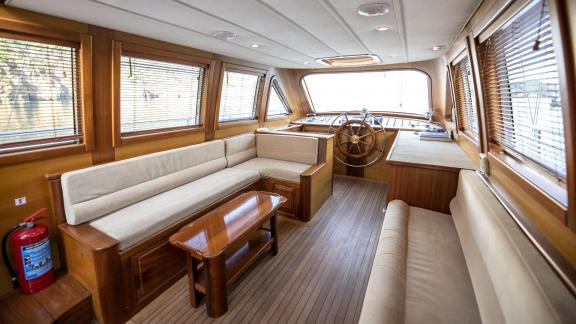 Stylish and comfortable interior of a traditional Turkish gulet with five cabins, perfect for relaxing on the waters of