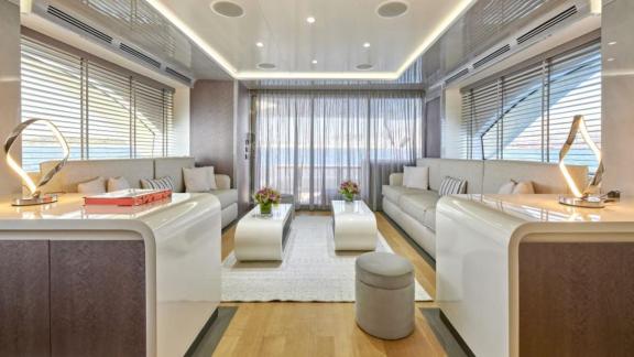 Stylish and spacious living area on motor yacht La Fenice, perfect for relaxing.