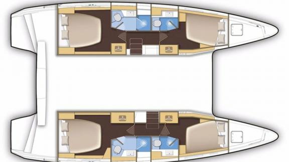 Bellatrix bareboat catamaran plan shows arrangement of cabins bathrooms and passage areas.