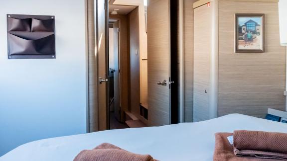 The bright cabin area on Lyubushka offers comfortable yacht charter experiences in Montenegro.