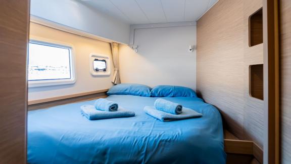 The spacious cabin area on Lyubushka offers comfortable yacht charter experiences in Montenegro.